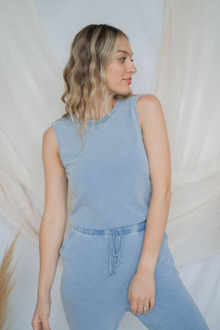 rain knit denim jumpsuit