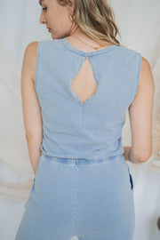 rain knit denim jumpsuit