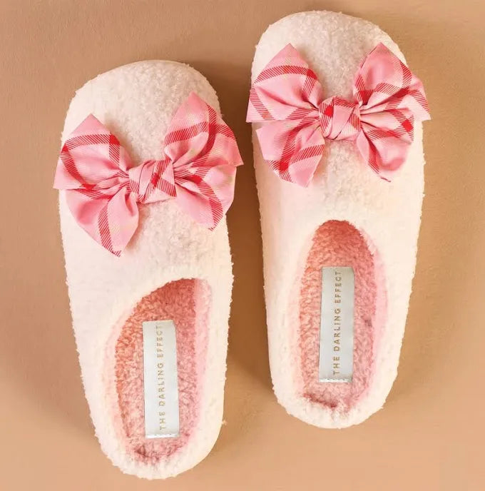 fuzzy slippers | bow plaid