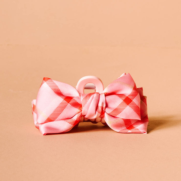 mini satin bow clip | festive plaid