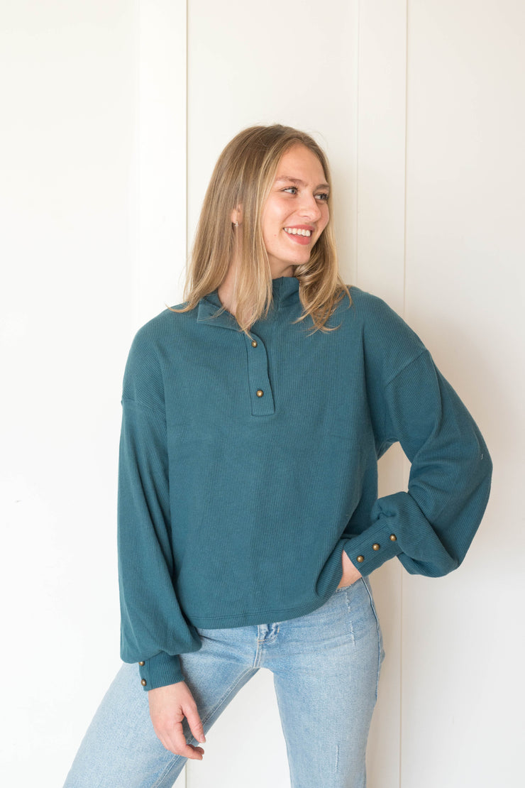 damas multi button cozy mock neck